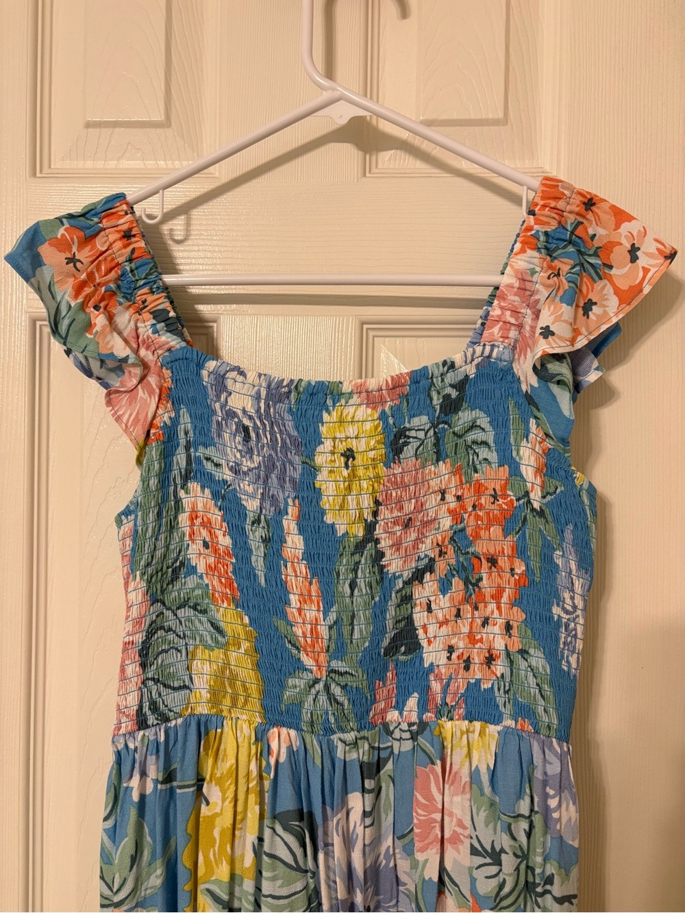 LOFT blue floral midi dress with orange, yellow, and green flowers, size S